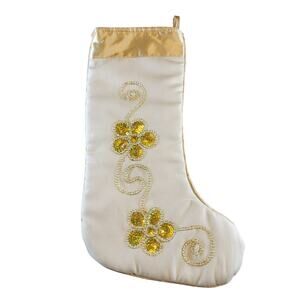 Gold White Christmas Stocking Sequin Floral 17" Satin Beaded Holiday Decor